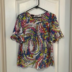 Talbots Blue and Red Ruffled Short Sleeve Blouse